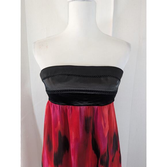 BEBE! 2B! BLACK SATIN BODICE, RED, PURPLE & BLACK ABSTRACT CHIFFON DRESS! SZ S - Picture 4 of 10